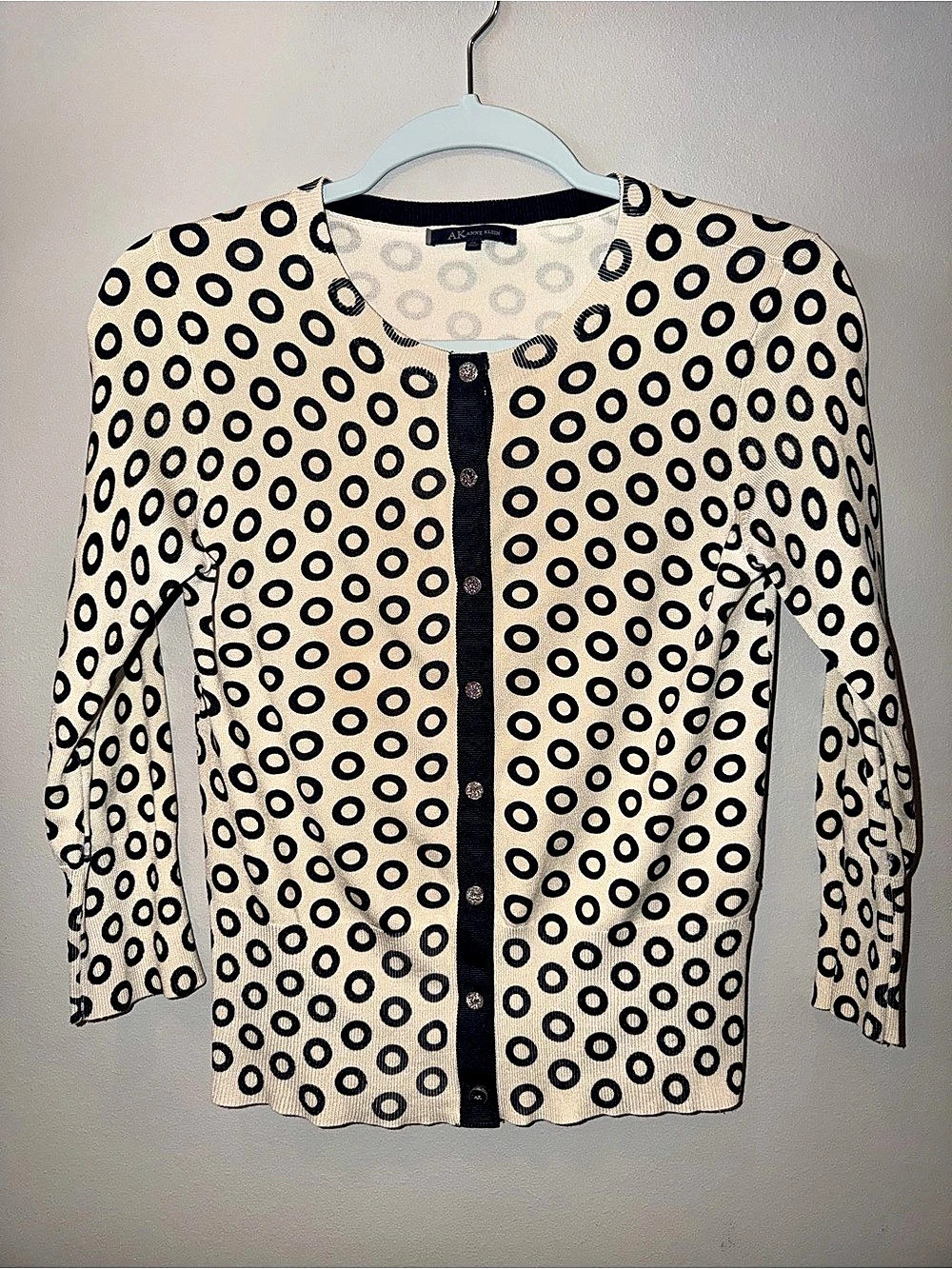 Y2k Anne Klein Polka Dot Cardigan in Cream & Black Size Small office siren luxe